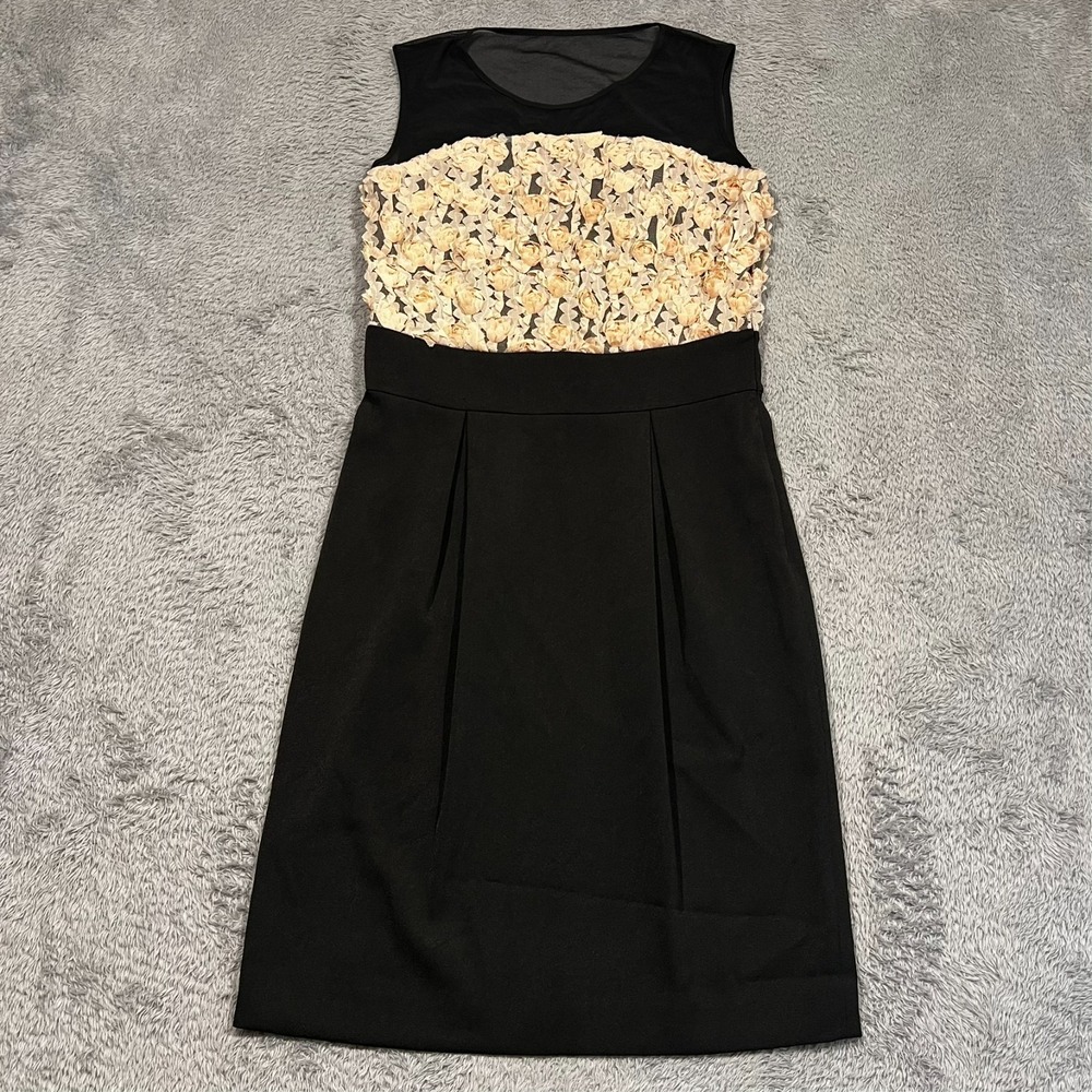 J Peterman Cocktail Dress Sleeveless Floral Fit & Flare Black Lined Womens 12